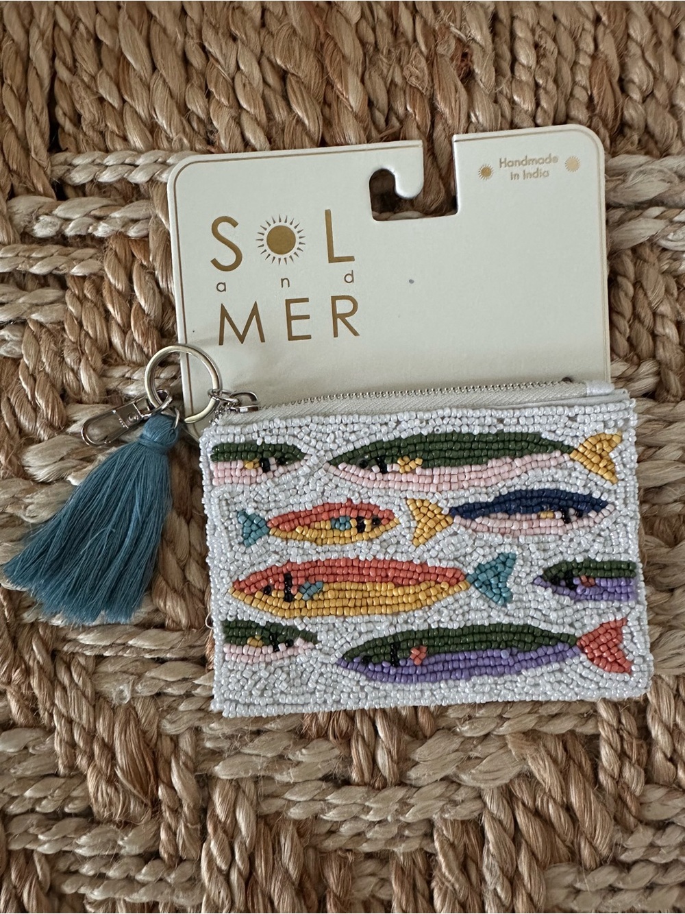 Sol and Mer Beaded Sardine Fish Zip Coin Purse with Teal Tassel